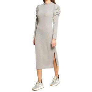 All in Favor Melange Puff Long Sleeve Sweater Midi Dress Light Gray size XL